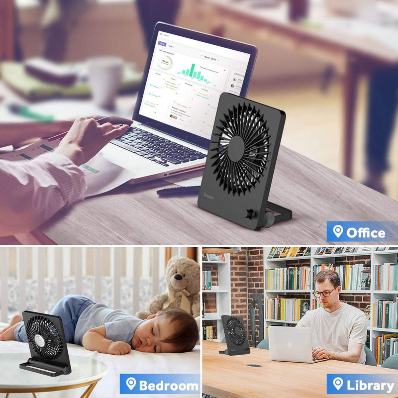 [Australia - AusPower] - Portable Desktop Battery Operated Fan, EasyAcc 6-Inch Personal Small Desk Fan, [Quiet Step-less Speed Control Fan] 160°Tilt Foldable Hanging Standing Cooling Fan for Travel Office Home Outdoor Black 