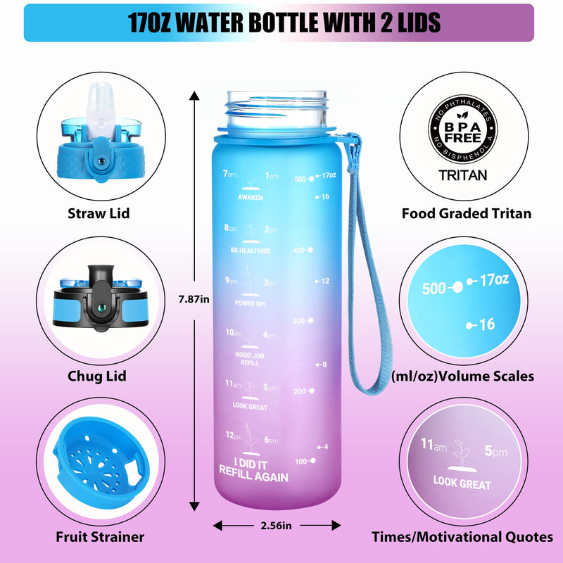 [Australia - AusPower] - Kids Water Bottle with Straw, 17oz Water Bottles Motivational Time Marker with 2 Lids(Straw/Chug) Leakproof Tritran BPA Free Reusable Drinking Bottles for Kids/Adults 500ml(Blue-Purple) Blue-Purple 