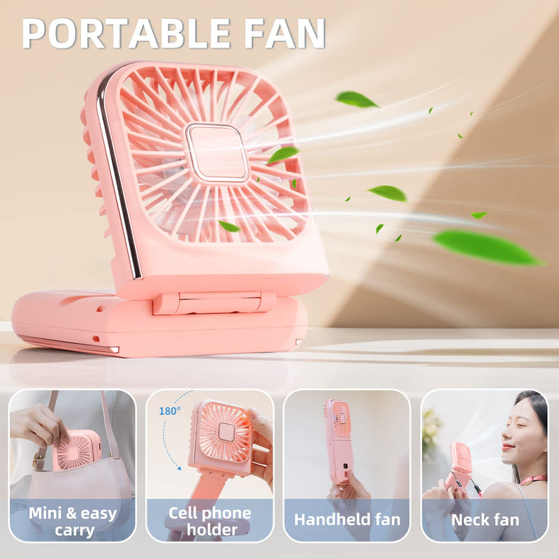 [Australia - AusPower] - Mini Fan Portable Handheld Fan Rechargeable Small Battery Operated Personal Fan all in 1 as Power Bank, Phone Holder, Hand Held Fan, Mini Desk Fan, Travel Fan, USB Fan, 3000 mAh, 4 Speed, Neck lanyard Pink 