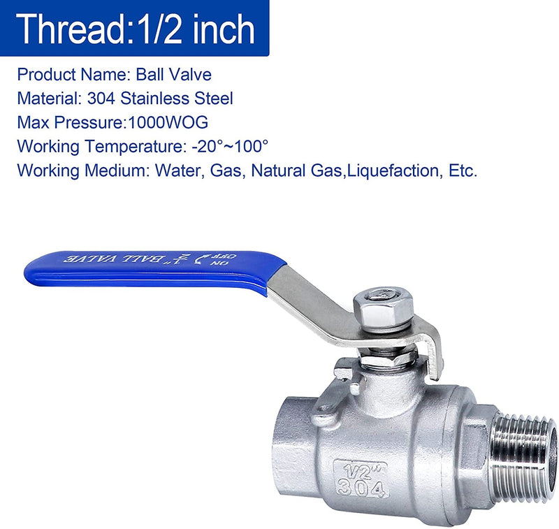 [Australia - AusPower] - 1/2" Ball Valve,Male NPT (MNPT) X Female NPT (FNPT) Thread,Stainless Steel Shut-Off Valve for Water,Oil and Gas (1/2 inch, 1 pack) 1/2 inch 1pack 