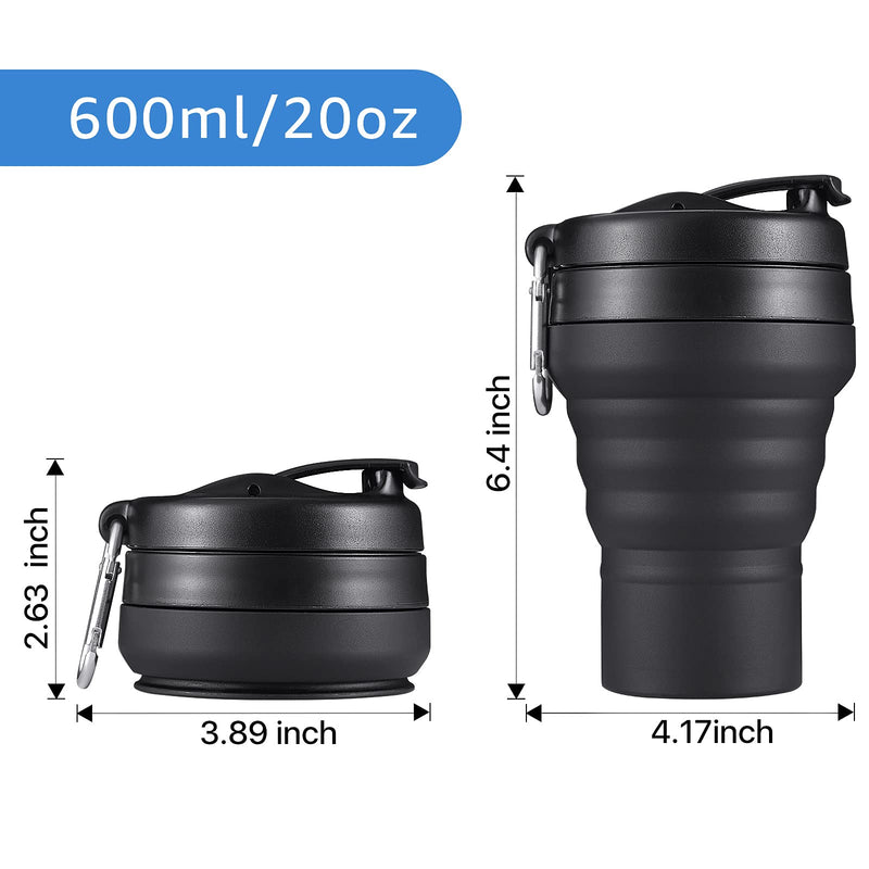 [Australia - AusPower] - EASYXQ Collapsible Travel Cup, 20 OZ 600ml Silicone Folding Camping Cup, Leak Proof BPA Free Portable Cup, Sport Bottle with Lids for hiking (Black) Black Large (Pack of 1) 