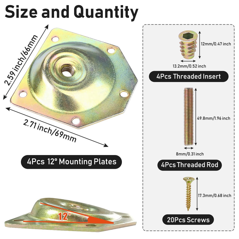 [Australia - AusPower] - Leg Mounting Plates, Furniture Leg Attachment Plates, 12 Degree Angled Metal Table Leg Mounting Hardware, Furniture Leg Mounting Brackets Industrial Strength T-Plate, 4 Pack 