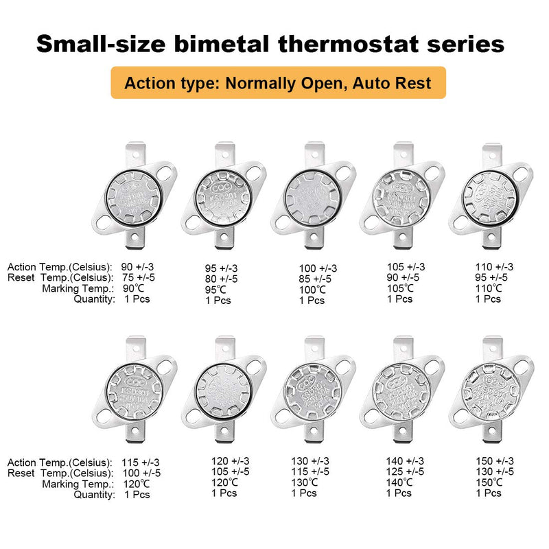 [Australia - AusPower] - uxcell 10pcs NO KSD301 Thermostat 90-150°C(194-302°F) Temperature Thermal Control Switch 90 95 100 105 110 115 120 130 140 150°C Normally Open Assortment Kit 