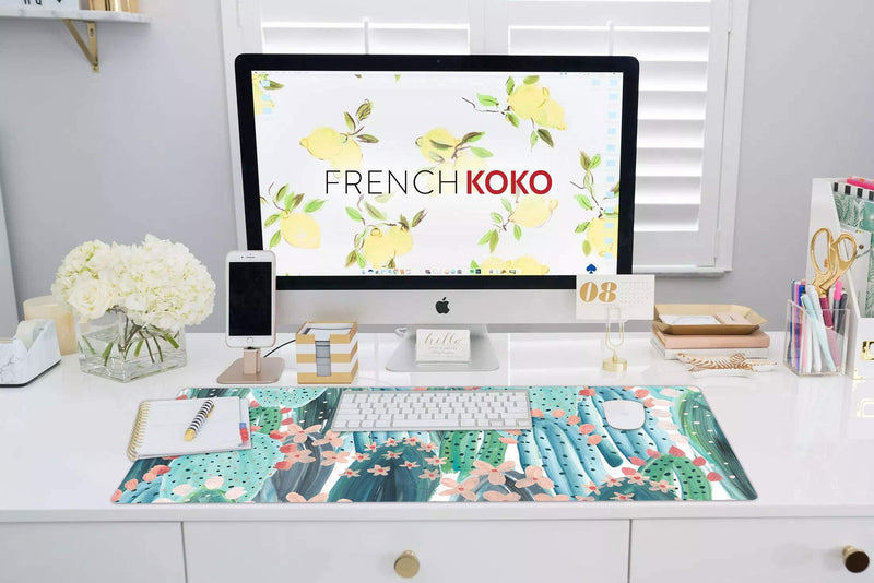 [Australia - AusPower] - French Koko Large Mouse Pad, Long Desk Mat, Keyboard Pad, Desktop Accessories Home School College Decor Supplies Pretty Mousepad Big Computer Office Essentials Women Girls XL Pink Green Cute Cactus 