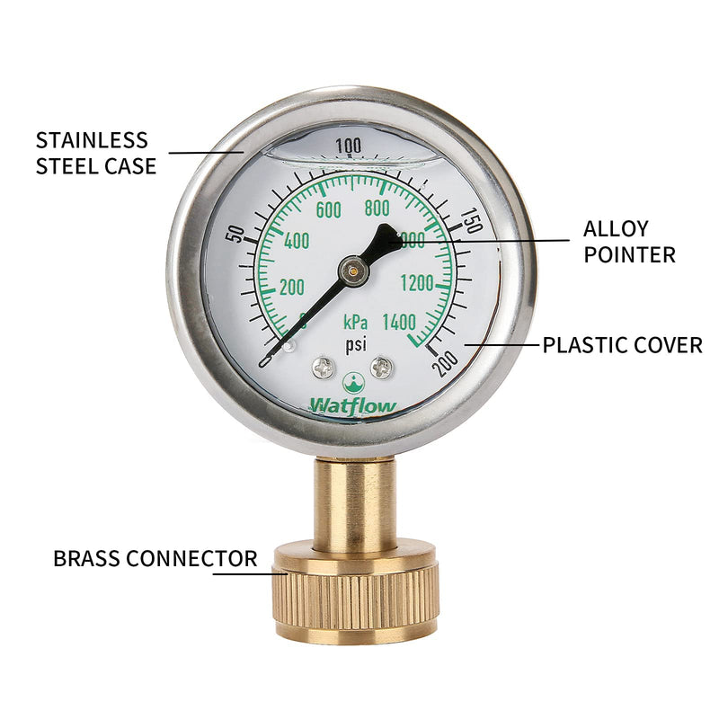 [Australia - AusPower] - Watflow Anti Vibration Water Test Pressure Gauge, Stainless Steel Case, with Glycerin Filled, 2" dial Size, 3/4" Female Hose Thread, 0-200 psi/kpa 