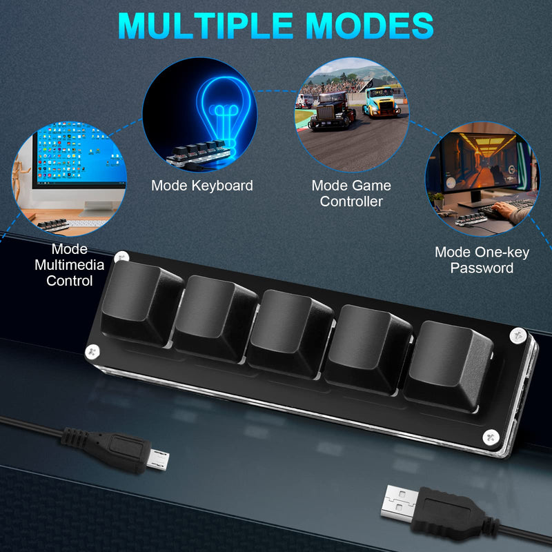 [Australia - AusPower] - Ecarke Black 5 Keys Mini Macro Mechanical Keyboard Gaming Keypad with USB Data Cable for Windows Mac OSU HID Standard KeyboardUpgrade Cherry Shaft（Upgrade Cherry Shaft & RGB LED） 