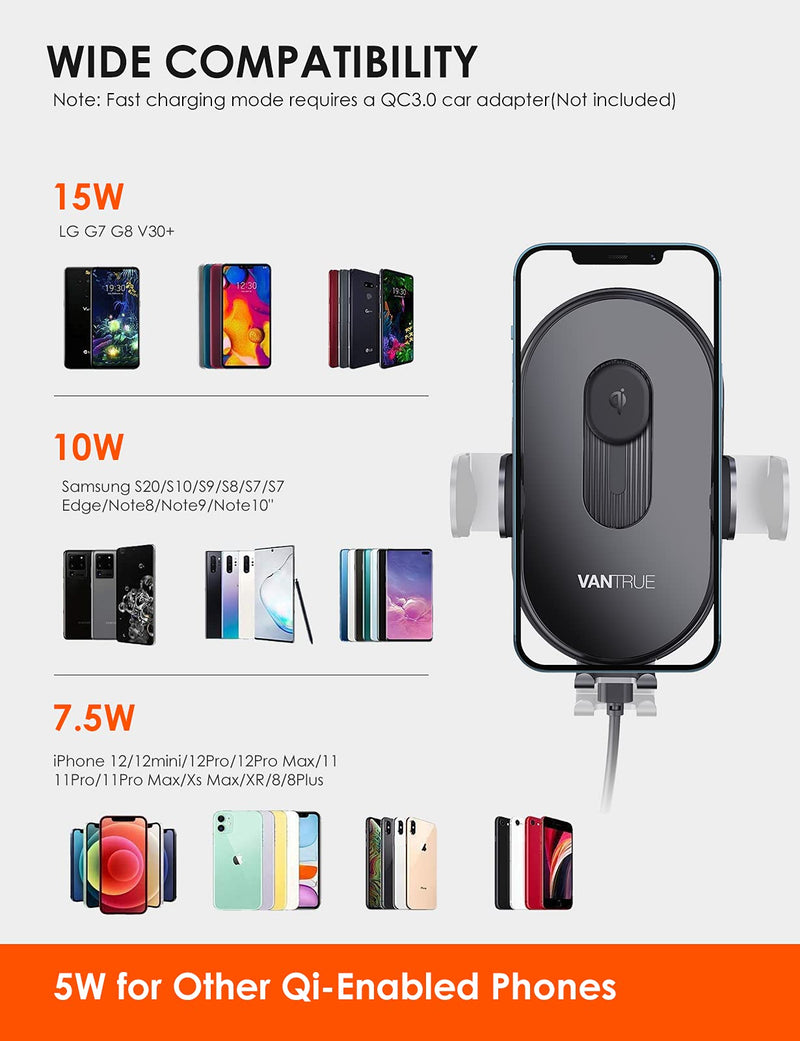 [Australia - AusPower] - Vantrue Q1 Wireless Car Charger, Qi 15W Fast Charging Auto Clamping, Air Vent Car Phone Holder Mount for iPhone 12/12 Pro Max/11/11Pro/XS/XR/X/8, Samsung S21 S20/Note 20/Note 10+/S10, LG G7 G8 V30+ 