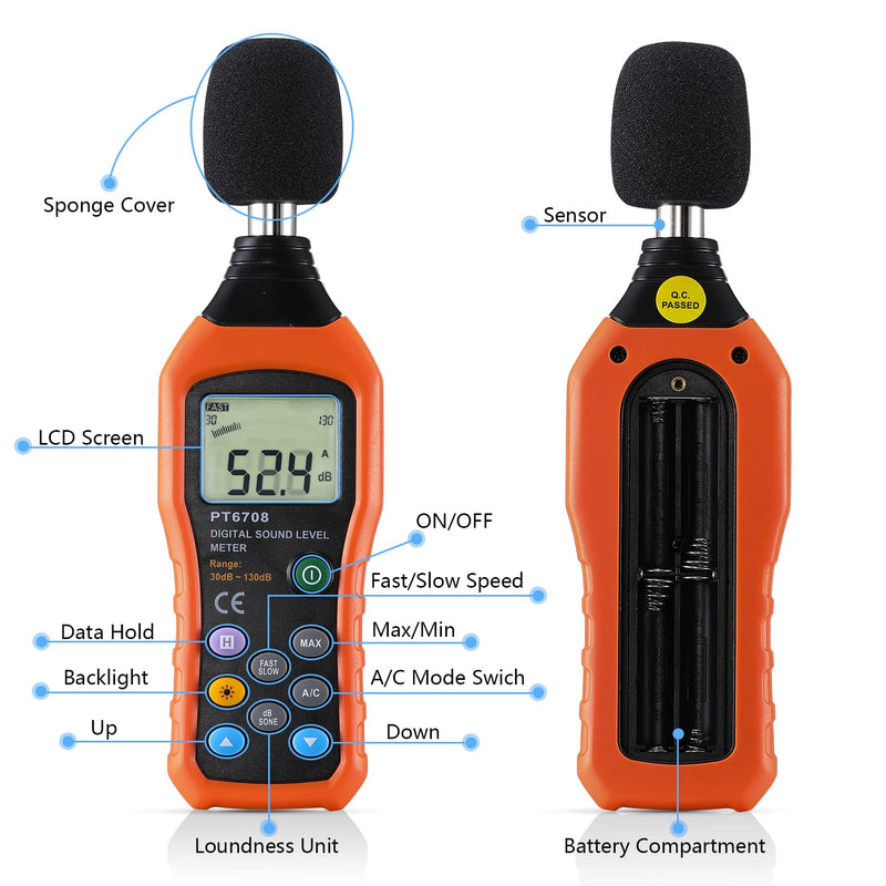 [Australia - AusPower] - Professional Decibel Meter Sound Level Meter, Portable 30-130dBA Range Spl Meter, Max/Min Data Hold A/C Mode Noise Meter with LCD Backlight (Batteries Included) - 3 Years Warrenty 