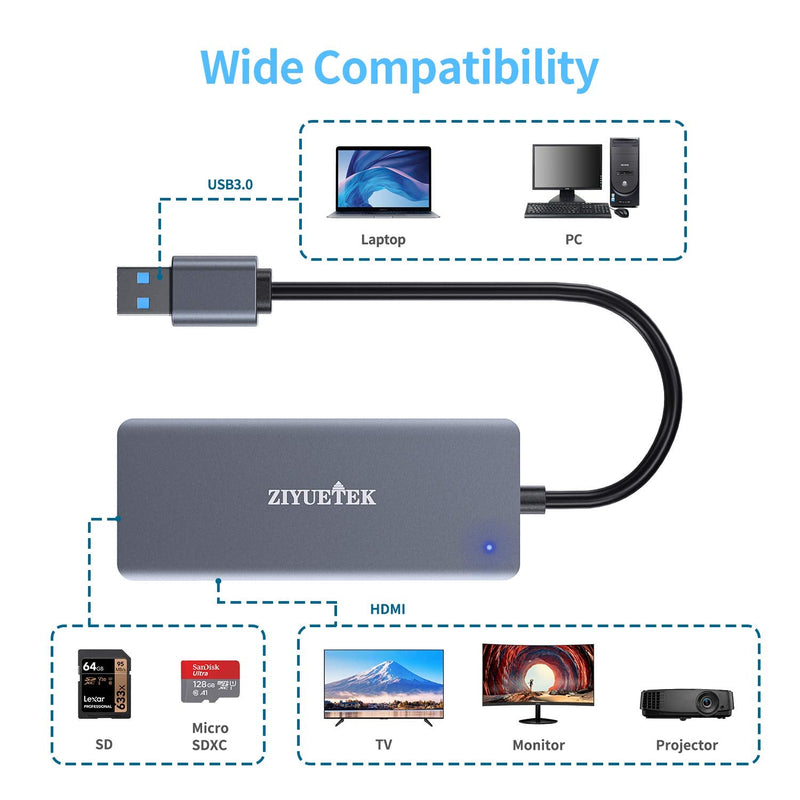 [Australia - AusPower] - USB to HDMI Adapter, 5-in-1 USB hub 3.0 with HDMI 1080p for Extended Monitor PC Laptop Desktop, 2 USB Ports, SD and Micro SD Card Reader[for Windows Series Laptop PC only] USB3.0 