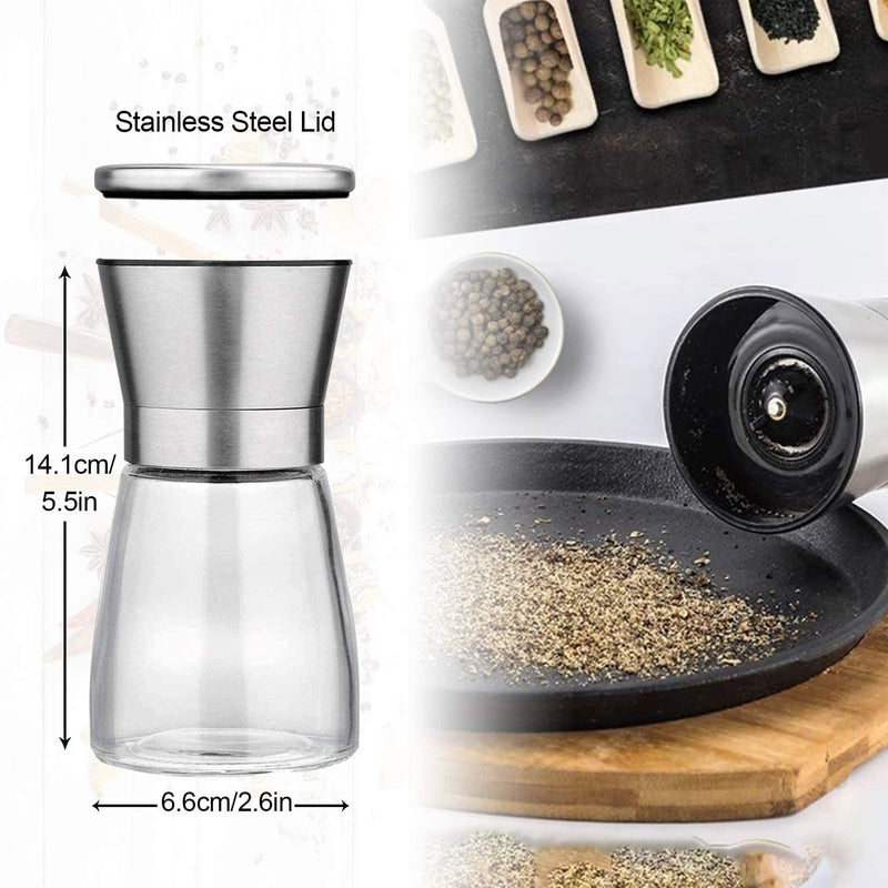 [Australia - AusPower] - LessMo Salt and Pepper Grinder Set with Wooden Standing Tray, Refillable Pepper Mill Set - Brushed Stainless Steel - Short Glass Shakers with Adjustable Coarseness for Peppercorn, Salt or Spice Mill DI 