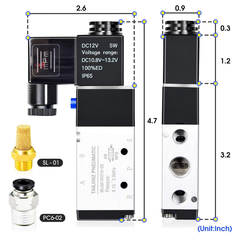 [Australia - AusPower] - TAILONZ PNEUMATIC 1/4"NPT Solenoid Valve 4V210-08 12V/24V/110V/220V Single Coil Pilot-Operated Electric 2 Position 5 Way Connection Type DC12V 