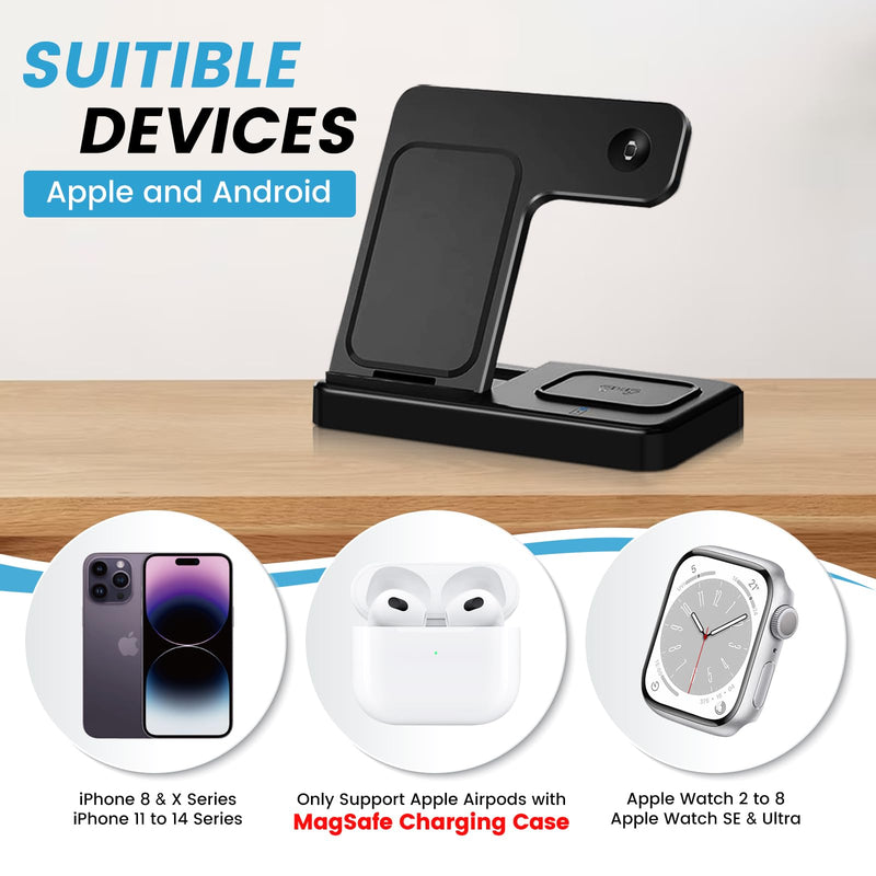 [Australia - AusPower] - Wireless Charging Station Multiple Devices: 3-in-1 Phone Fast Multi Charger Stand for Apple Products iPhone 14 13 12 11 Pro Max XS XR X 8 Plus Watch 8 7 6 5 4 3 2 SE and AirPods 3 2 Pro 