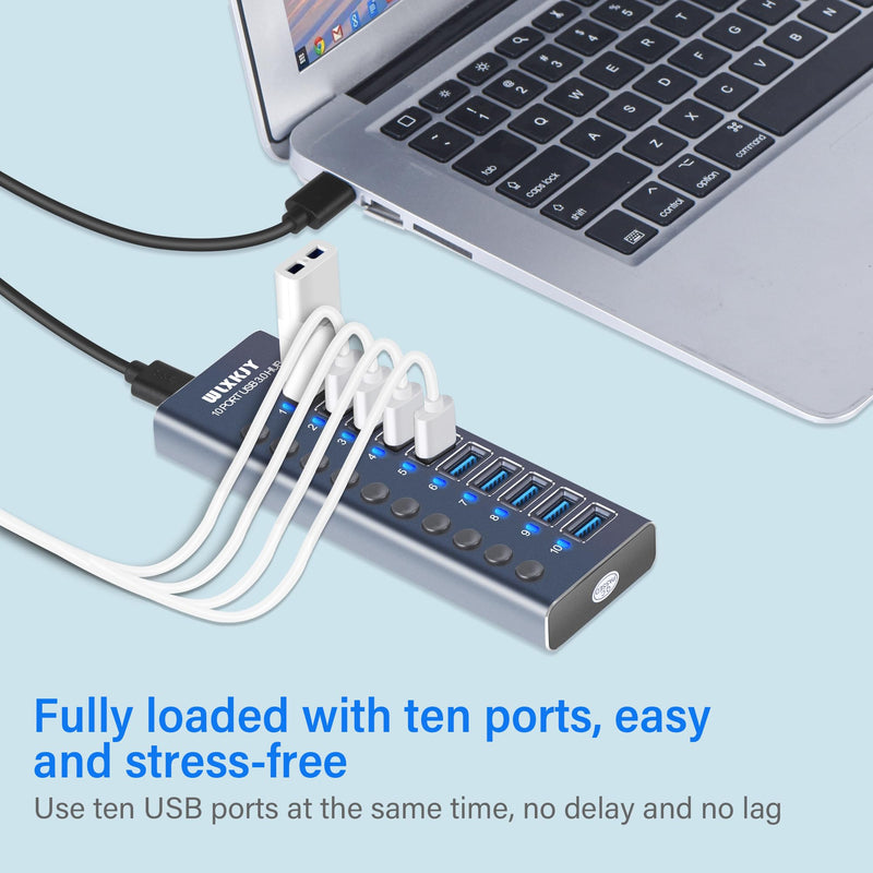 [Australia - AusPower] - Active USB Hub, WLXKJY Aluminum 10-Port USB 3.0 Hub with 10 USB 3.0 Data Transfer Ports, USB Splitter with Individual Switch and 60W (12V/5A) Power Adapter 