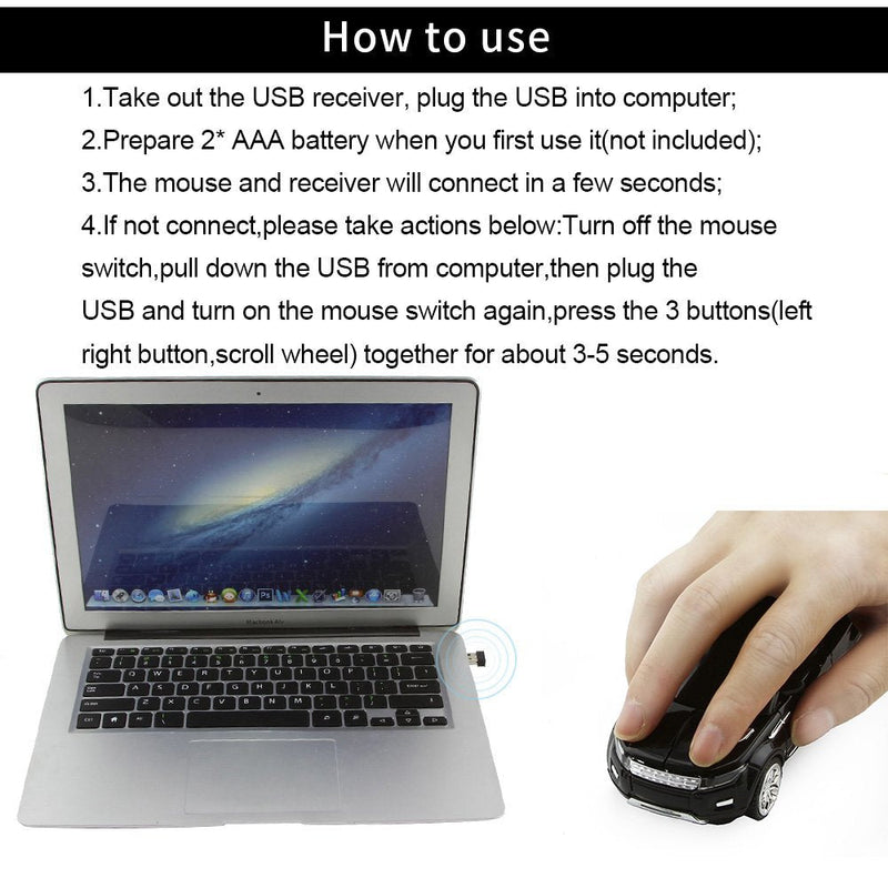 [Australia - AusPower] - 3C Light Car Mouse Wireless 2.4GHz Cool Sport SUV Car Shape Mouse Optical Mice 1600 DPI with USB Receiver Suitable for PC/Computer/Laptop (Black) 
