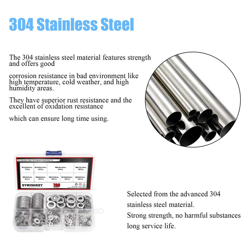 [Australia - AusPower] - DYWISHKEY 700Pcs 9 Sizes Stainless Steel Flat Washers Assortment Kit (M2 M2.5 M3 M4 M5 M6 M8 M10 M12) 