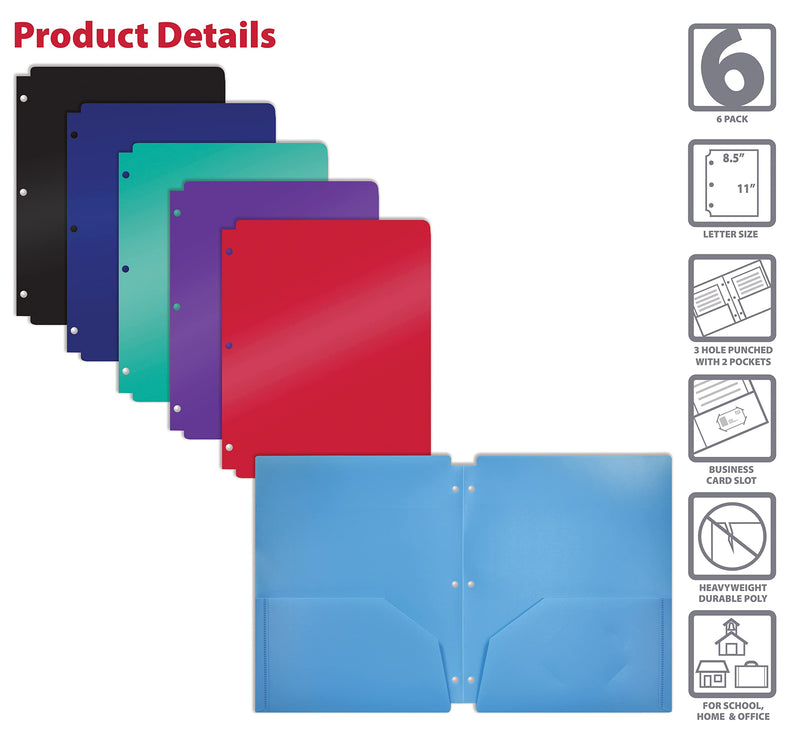 [Australia - AusPower] - 3 Hole Punch Pocket Folders, Bulk Pack, Sturdy Plastic 2 Pocket Folders, Assorted Primary Colors, Letter Size, with Business Card Slot, by Better Office Products (6 Pack) 6 