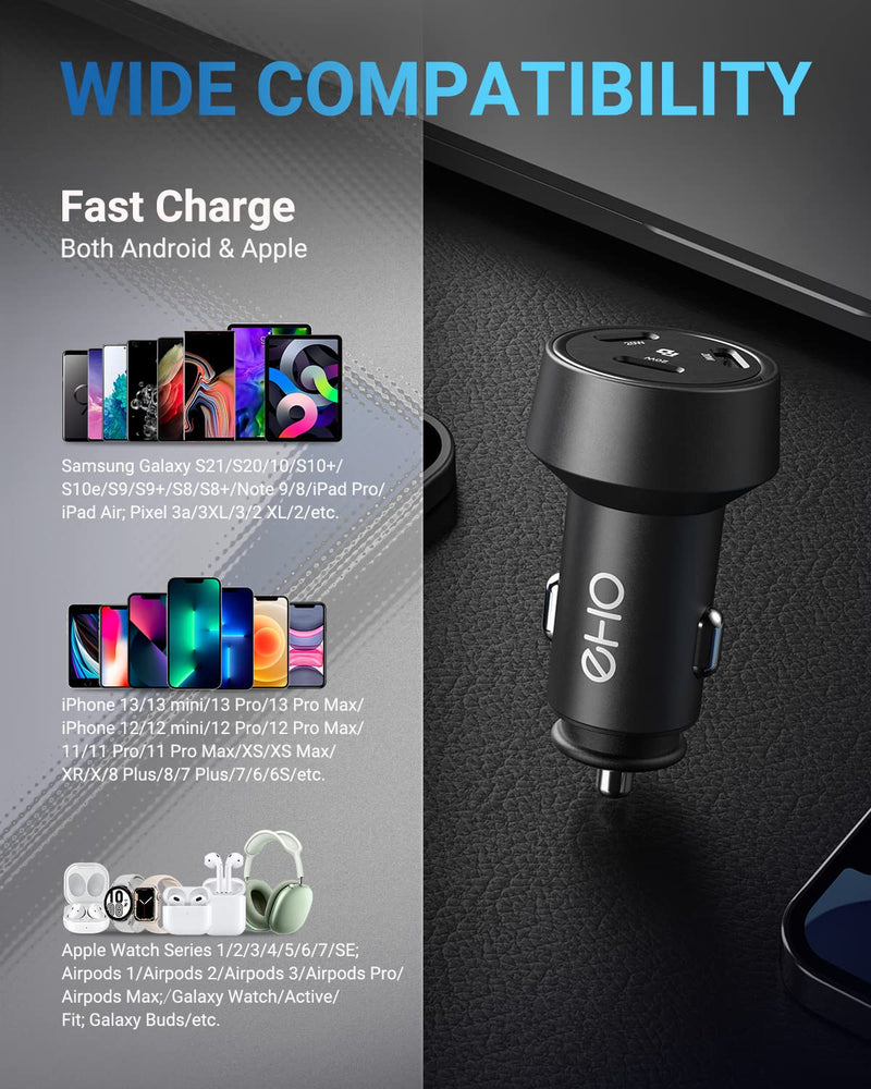 [Australia - AusPower] - USB C Car Charger, EHO 60W 3-Port (20W Each) Mini Fast Charging PD 3.0 Port Type C Rapid Metal Car Charger Cigarette Lighter Adapter Compatible with iPhone13/12, iPad Mini/Air/Pro, Galaxy S21/S20/S10 Black 