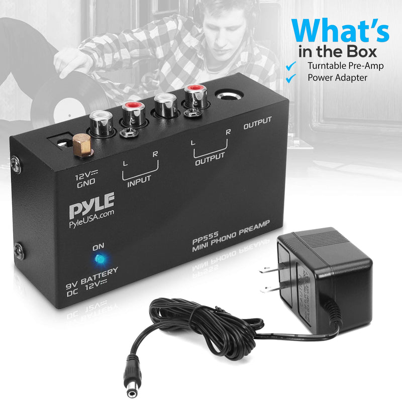 [Australia - AusPower] - Pyle Phono Turntable Preamp - Mini Electronic Audio Stereo Phonograph Preamplifier with 9V Battery Compartment, Separate DC 12V Power Adapter, RCA Input, RCA Output & Low Noise Operation (PP555) BLACK 