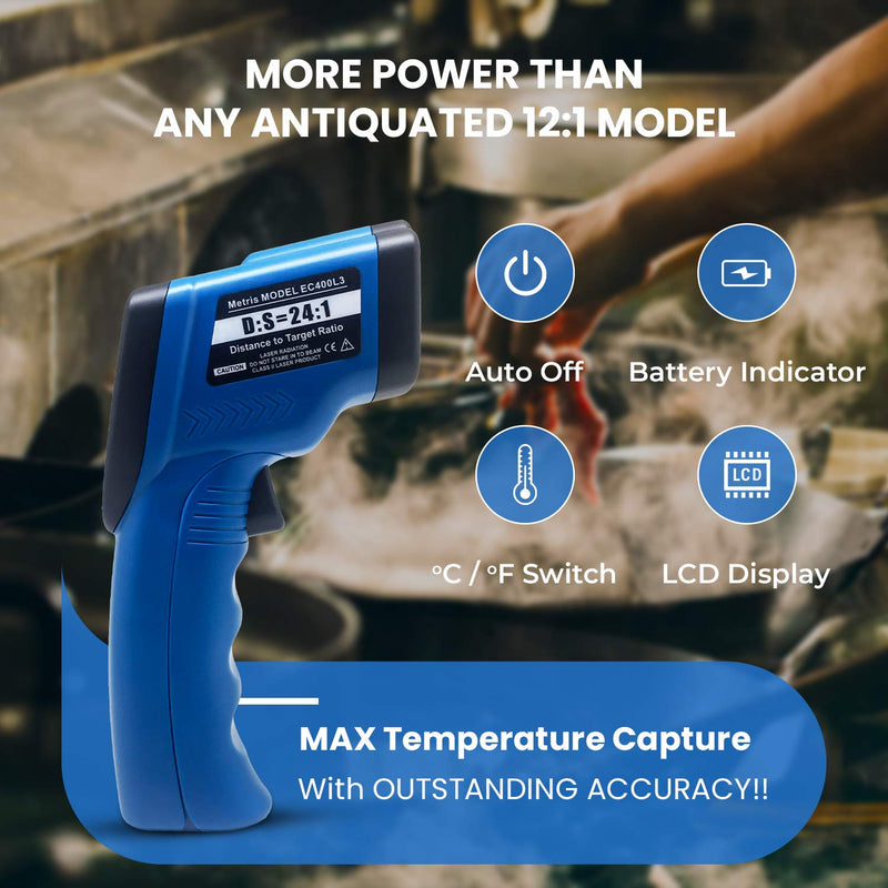 [Australia - AusPower] - Metris Instruments Model EC400L3 Non-Contact Digital Laser Infrared Thermometer Temperature Gun with Dual Lasers -58° to 1382° (-50° to 750° C) 24:1 D:S Ratio | Industrial-Grade 