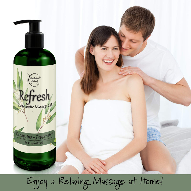 [Australia - AusPower] - Refresh Massage Oil with Eucalyptus & Peppermint Essential Oils - Great for Massage Therapy. All Natural Muscle Relaxer. Ideal for Full Body Massage – Nut Free Formula 16oz 16 Fl Oz (Pack of 1) 
