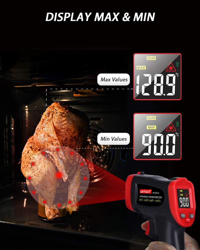 [Australia - AusPower] - Wintact Infrared Laser Thermometer, 58℉ to 752℉(-50℃ to 400℃) No-Contact IR Digital Thermal Heat Surface Temperature Gun for Kitchen Oven Cooking Food Pizza Meat Candy Grill Frying Oil, NOT for Humans 