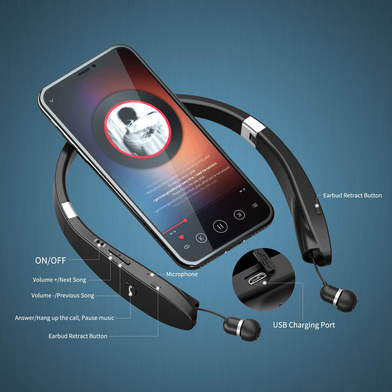 [Australia - AusPower] - AMORNO Foldable Bluetooth Headphones Wireless Neckband Headset with Retractable Earbuds, Sports Sweatproof Noise Cancelling Stereo Earphones with Mic Black 
