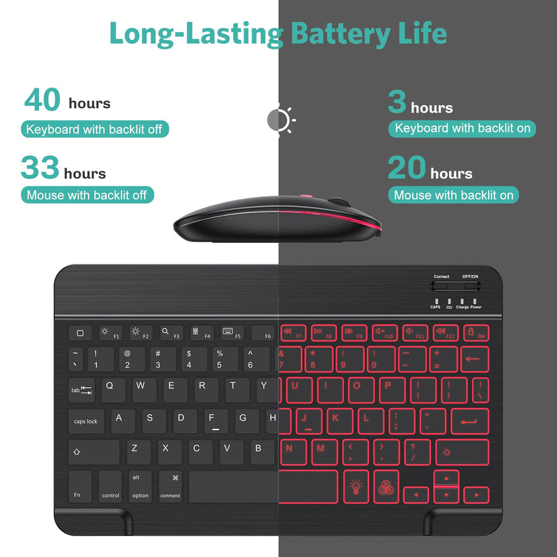 [Australia - AusPower] - TECURS Bluetooth Keyboard and Mouse Combo for iPad, 7-Color Backlit Rechargeable Wireless Keyboard & Mouse Compatible with iPad 9th/8th Gen, iPad Pro/Air/Mini and ipadOS 13 and Above, Black 