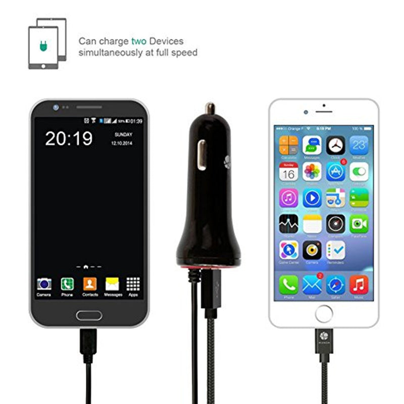 [Australia - AusPower] - Micro USB Car Charger, Rapid Dual Car Charger Adapter 24W/4.8A with Coiled USB Cable+ Built-in Fuse+ Smart Technology (Black) 