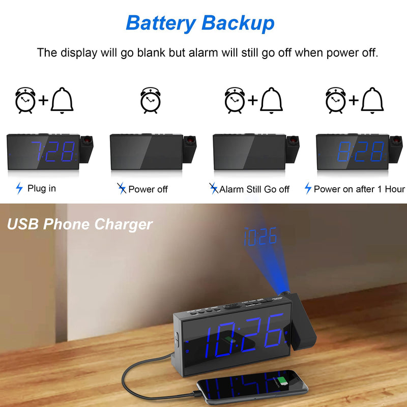 [Australia - AusPower] - Projection Digital Alarm Clock for Bedroom, Large LED Alarm Clock Projection on Ceiling Wall, 350°Projector,Dimmer,USB Charger,Battery Backup Loud Dual Alarm Clock for Heavy Sleeper Kid Elderly with Projection Blue Digits; Blue Projection 