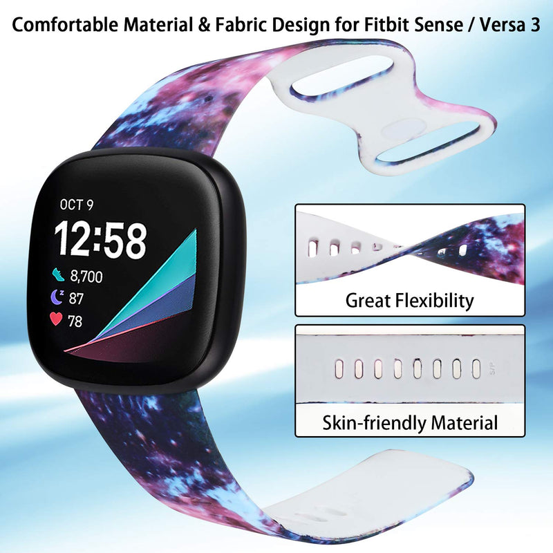 [Australia - AusPower] - honecumi Floral Versa 3 Bands Replacement for Fitbit Sense / Fitbit Versa 3 Smart Watch Band Strap for Men Women Colorful Pattern Elastic Silicone Waterproof Sport Wristband Accessories- Small Large Dreamy Purple Starry Small:5.5"-7.1" Wrist 