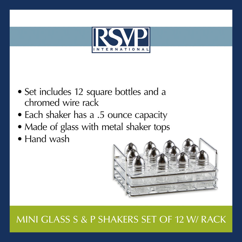 [Australia - AusPower] - RSVP International Mini Glass Salt & Pepper Set Holder Included, 12 Shakers, Chrome and Stainless Steel 