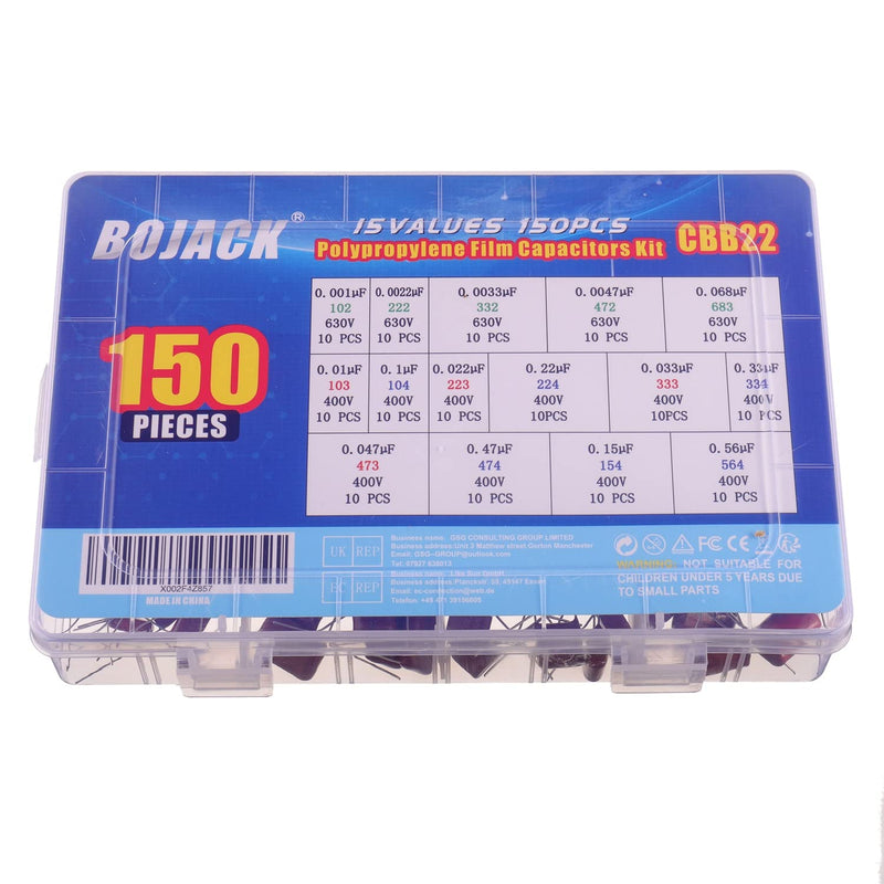 [Australia - AusPower] - BOJACK 15 Values 150 Pcs Metallized Polypropylene Film DC Capacitor 400V/0.01uF ~ 0.56uF 630V/ 0.001uF ~ 0.068uF Assortment Kit 