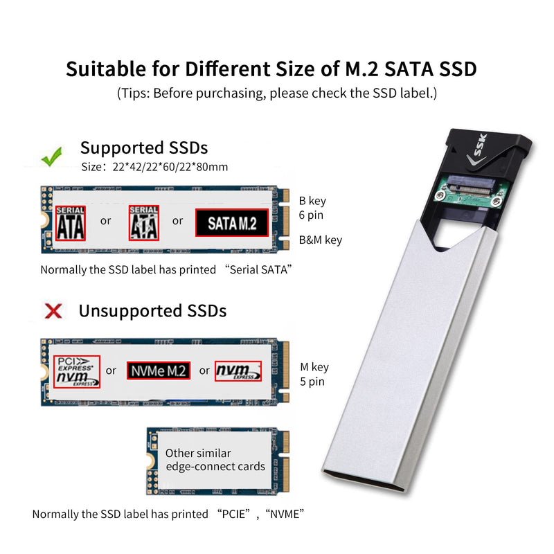[Australia - AusPower] - SSK Aluminum USB 3.2 Gen 1 to M.2 SATA NGFF SSD Enclosure Adapter, External SATA Based M.2 Solid State Drive Enclosure Reader (for M.2 SATA SSD only) 