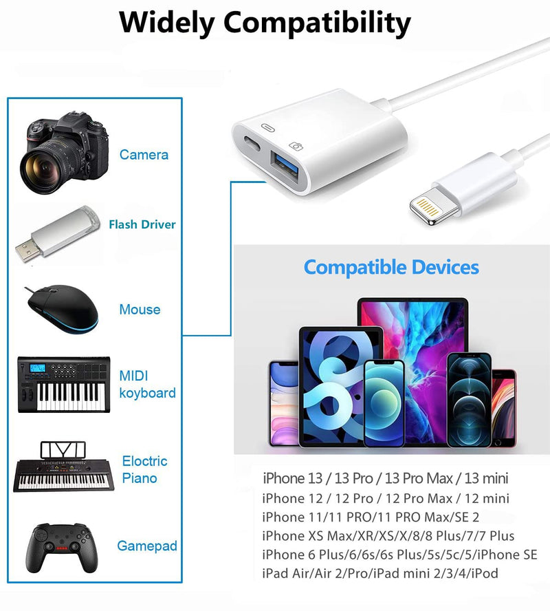 [Australia - AusPower] - Apple Lightning to USB Camera Adapter with Charging Port, USB 3.0 OTG Cable for iPhone/iPad to Connect Card Reader, USB Flash Drive, U Disk, Keyboard, Mouse, Hubs, MIDI, Plug & Play White-A 