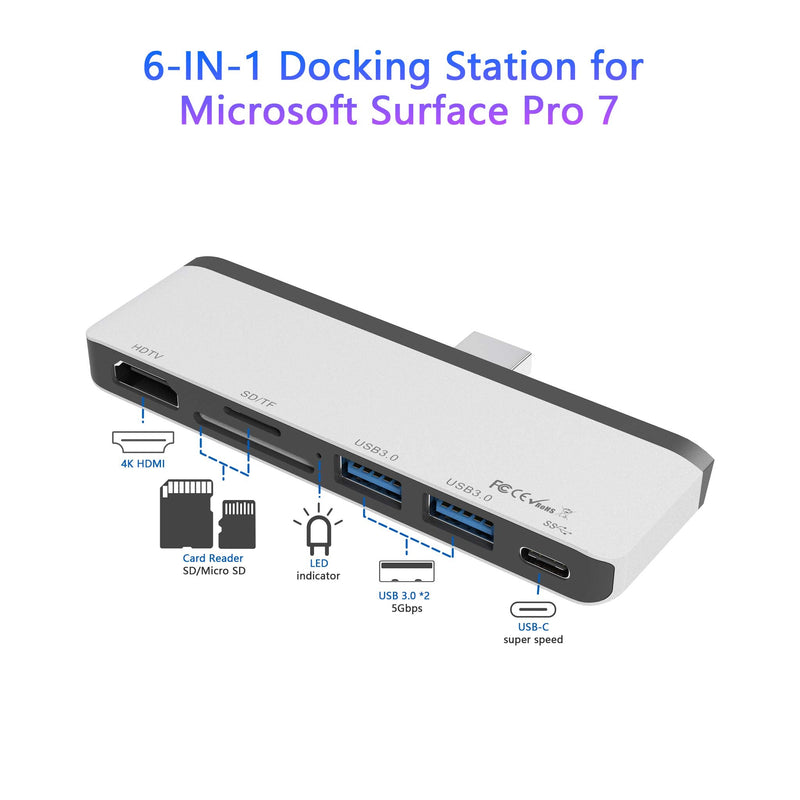 [Australia - AusPower] - Surface Pro 7 USB C Hub, 6-in-2 Aluminum Surface Pro 2019 Dock with 4K HDMI Adapter+ USB C Audio & Data Transfer Port +2 USB 3.0+SD/TF Card Reader, Converter Combo Adaptor for Microsoft Surface Pro 7 