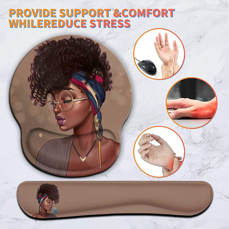 [Australia - AusPower] - Ergonomic Mouse Pad Wrist Support Gel and Keyboard Wrist Rest Set for Laptop, Mac, Gaming and Office, Durable, Comfortable and Pain Relief + Coaster , African American Women Girl 