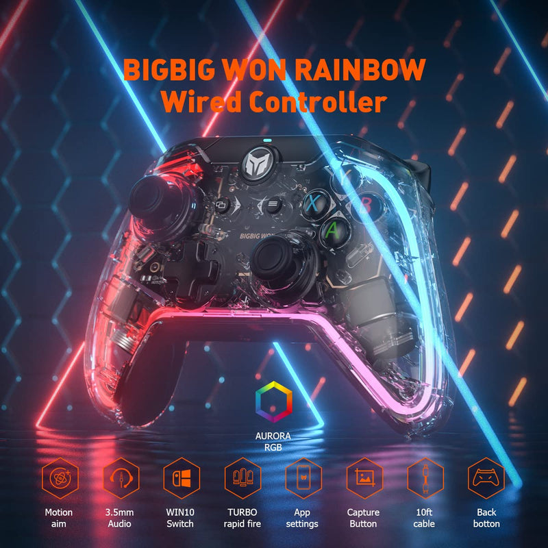[Australia - AusPower] - PC Controller, BIGBIG WON Rainbow Wired Game Controller RGB Light, Custom Back Button, Motion Aim, Dual Motor, Linear Trigger, 3.5mm Audio PC Gaming Controller for Win11&10 Controller for Switch - 1pc 