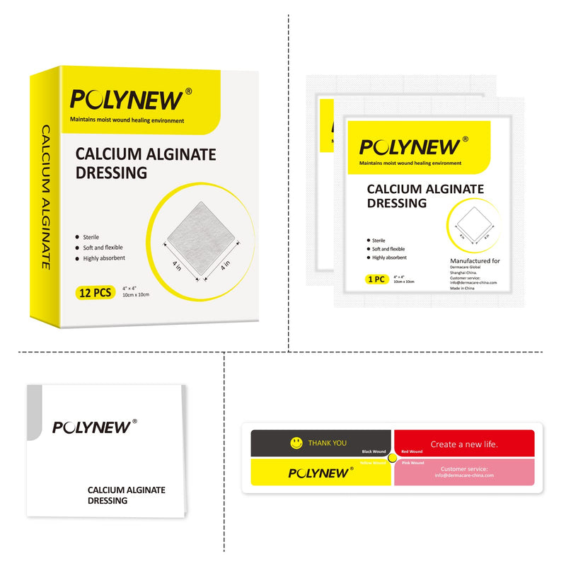 [Australia - AusPower] - Polynew Calcium Alginate Wound Dressing, 4'' x 4'' Patches,12 Pack, Soft and Highly Absorbent Wound Care 
