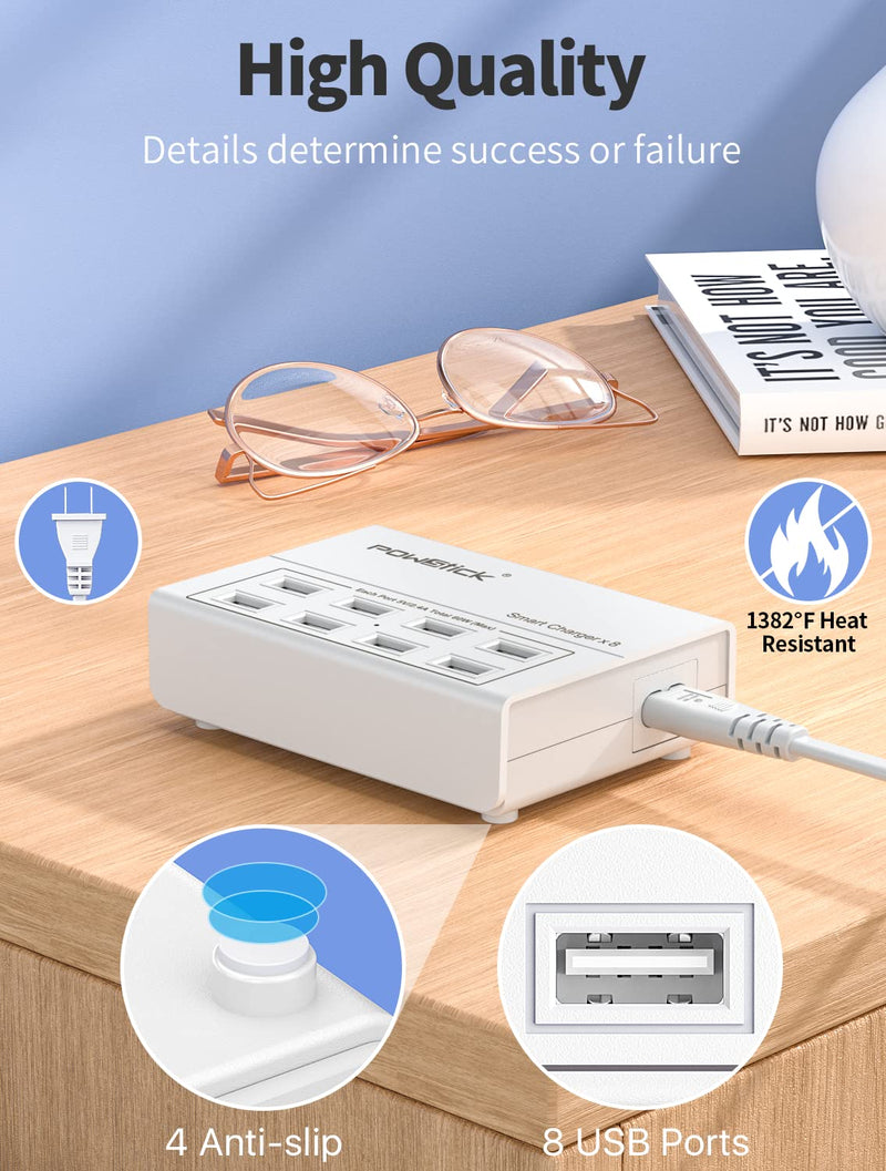 [Australia - AusPower] - Multi USB Charger Station 60W/12A 8 Ports Multiport Charging Station with 3 Mixed Cables USB Charging Hub Compatible iPhone, iPad Tablet and More Electronic Devices (White) White 