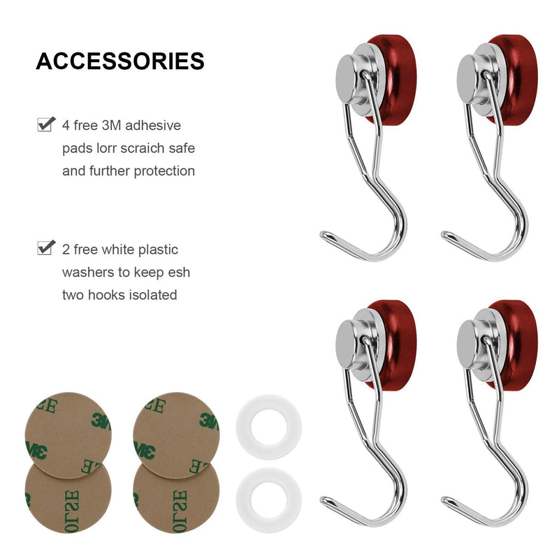 [Australia - AusPower] - Ant Mag Swivel Magnetic Hooks 50lbs Heavy Duty Grill Magnet Hooks 4 Pack with Scratch Proof Stickers Great for Home Refrigerator Kitchen Store Grill BBQ Office Warehouse (Red) Red 