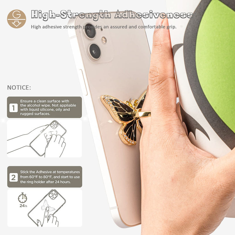 [Australia - AusPower] - Cell Phone Ring Holder Butterfly, Finger Kickstand, Phone Ring Grip Holder, Compatible with iPhone 13/12/Mini/Pro/Pro Max and Android Phone (Gold Black) 