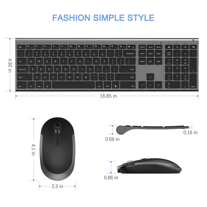 [Australia - AusPower] - Wireless Keyboard and Mouse, Vssoplor 2.4GHz Rechargeable Compact Quiet Full-Size Keyboard and Mouse Combo with Nano USB Receiver for Windows, Laptop, PC, Notebook-Dark Gray Dark Gray 