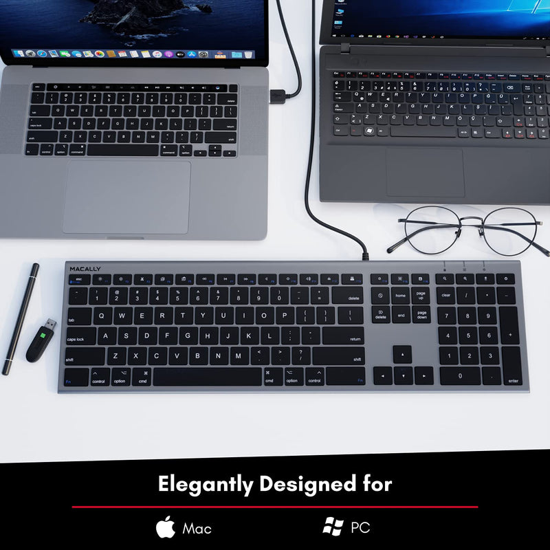 [Australia - AusPower] - Macally Ultra-Slim USB Wired Computer Keyboard - Works Great as Both a Windows or Wired Mac Keyboard - Compatible Full Size Apple Keyboard with Numeric Keypad for Mac Mini, iMac, MacBook - Space Gray Space Grey 