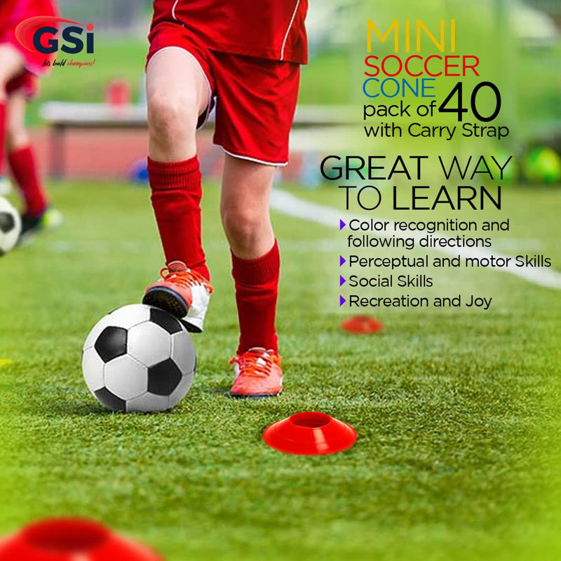 [Australia - AusPower] - GSI Mini Soccer Cones (Pack of 40) - Small Disc Cone for Agility Drills Training Practice Football Soccer Athletics Field Markers with Shoulder Strap 