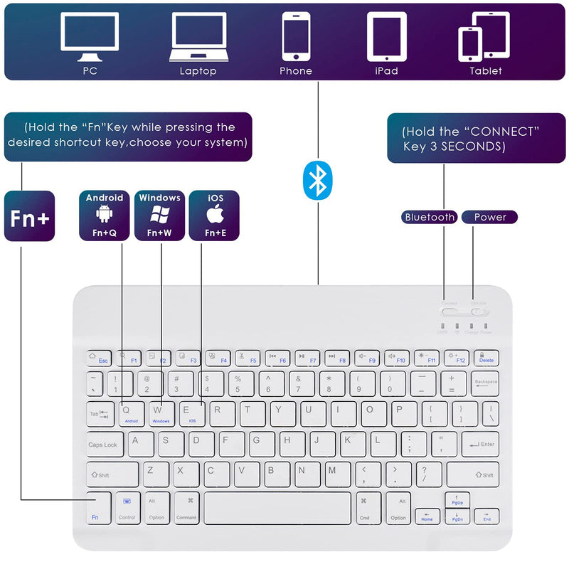 [Australia - AusPower] - DETUOSI Universal 9.6-10.5 inch Wireless Bluetooth Keyboard, Multi-Device Travel Portable Ultrathin (6mm) Lightweight Wireless Bluetooth Keyboard for iOS/Android/Windows Tablet, Computer, Phone #White for 9.6-10.5 inch tablet White 