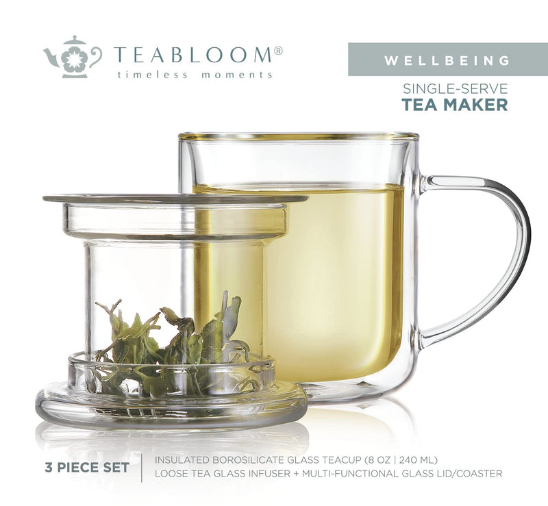 [Australia - AusPower] - Teabloom Heatproof Insulated Glass Tea Mug with Loose Tea Glass Infuser and Lid, 8 OZ 