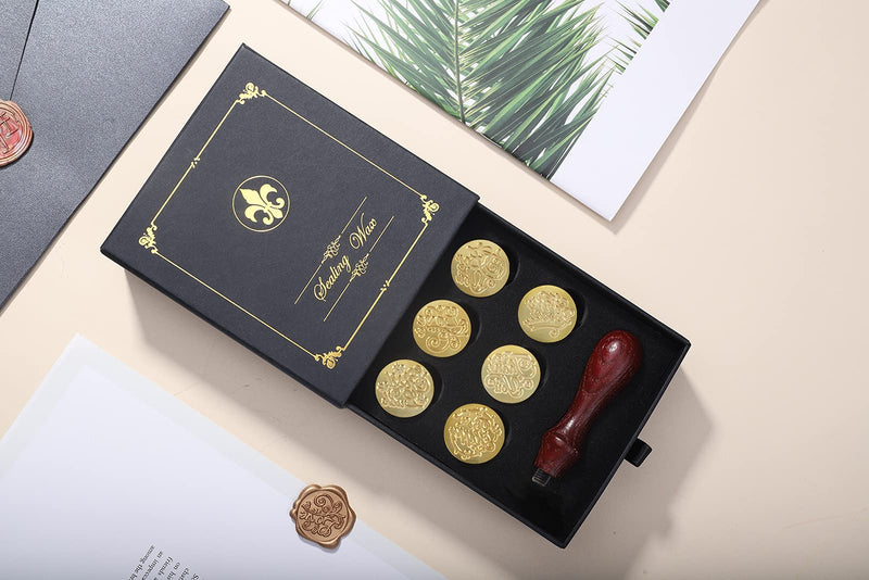 [Australia - AusPower] - Wax Seal Stamp Gift Box Set, 6 Pcs Blessing Series Sealing Wax Stamps Copper Seals 1 Wooden Hilt, Wax Stamp Kit for Cards Envelopes, Gift Packaging (Phrases Series) Phrases Series 