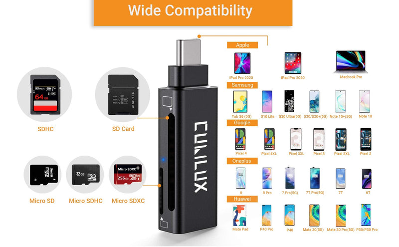 [Australia - AusPower] - Cubilux USB Type C SD/TF Card Reader with LED Indicator, Thunderbolt 4/3 Memory Card Adapter Compatible with MacBook iPad Pro/Air 4/Mini 6 Samsung S22/S21/S20 Note 20/10 Tab S8/S7/S6 Pixel 6 Pro 5 4 3 Black 