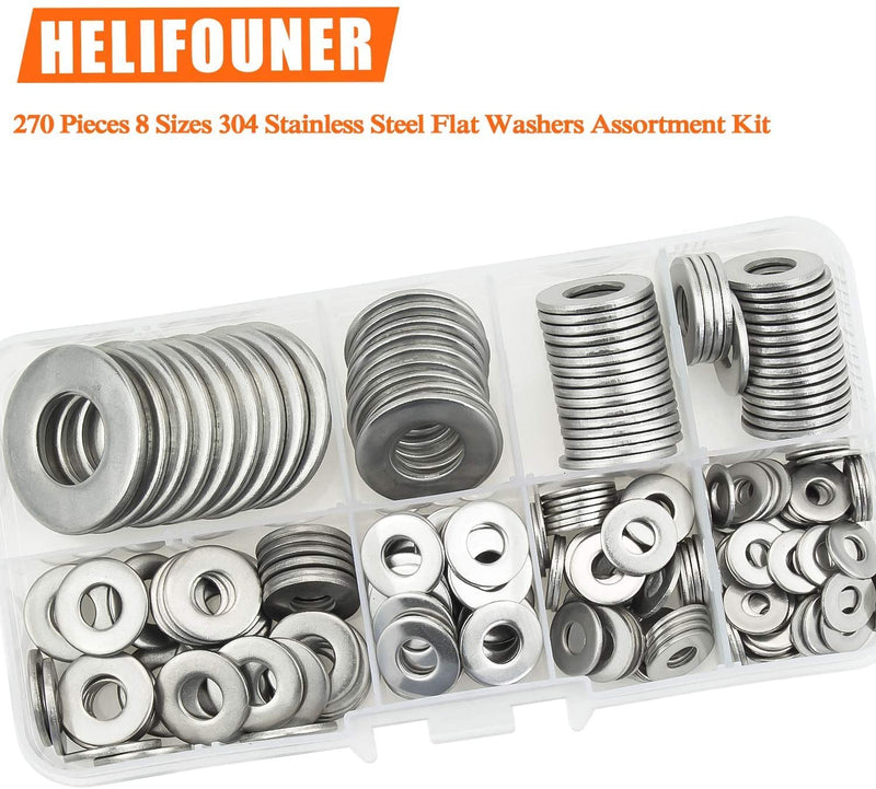 [Australia - AusPower] - HELIFOUNER 270Pieces 8 Sizes Stainless Steel Flat Washers Assortment Kit, 1/2 3/8 5/16 1/4 12# 10# 8# 6# 