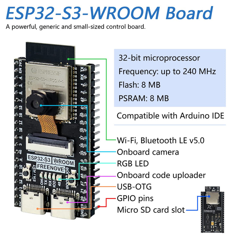 [Australia - AusPower] - Freenove Development Kit for ESP32-S3 (Compatible with Arduino IDE), Onboard Camera Wireless Stereo Speakers Heart Rate Sensor Colorful Touch Screen, Tutorial Code 